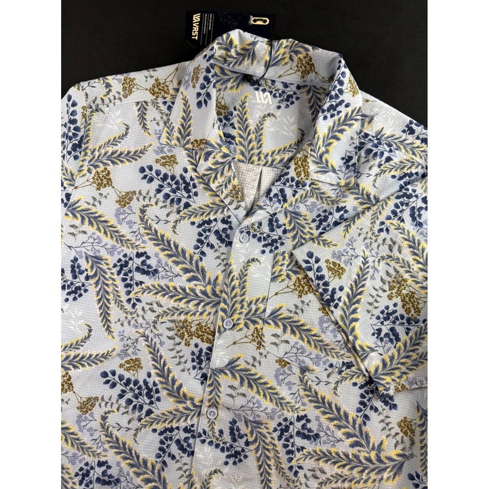 VRST Mens Short Sleeve Camp Collar Button Down Shirt Blue Botanical Print Medium